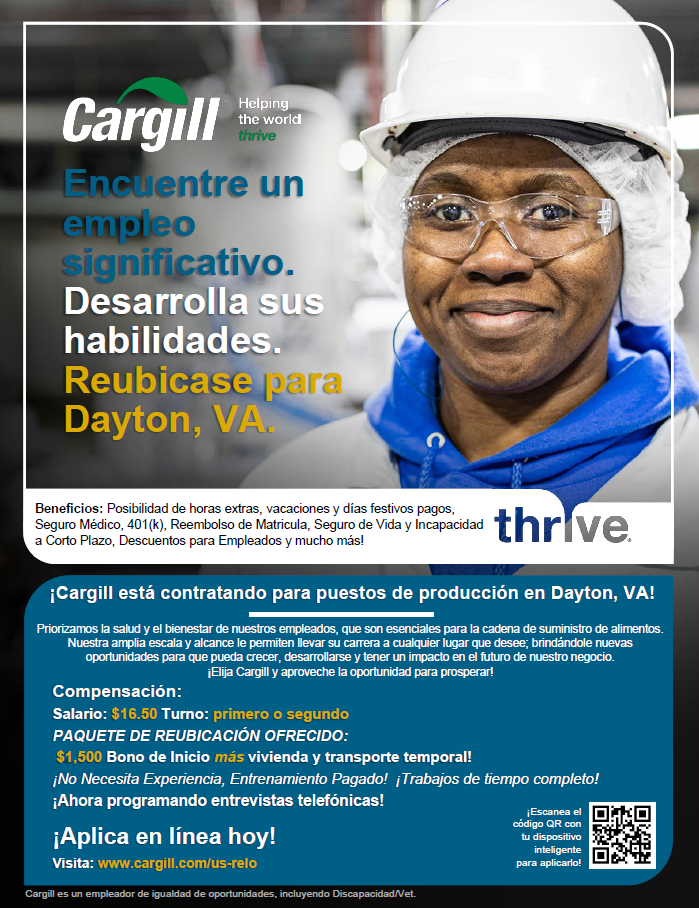 Cargill está contratando para puestos de producción en Dayton, VA