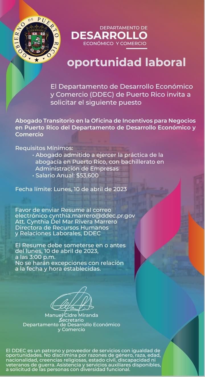 Oportunidad de empleo – Departamento de Desarrollo Economico y Comercio (DDEC) – Oficina de Incentivos
