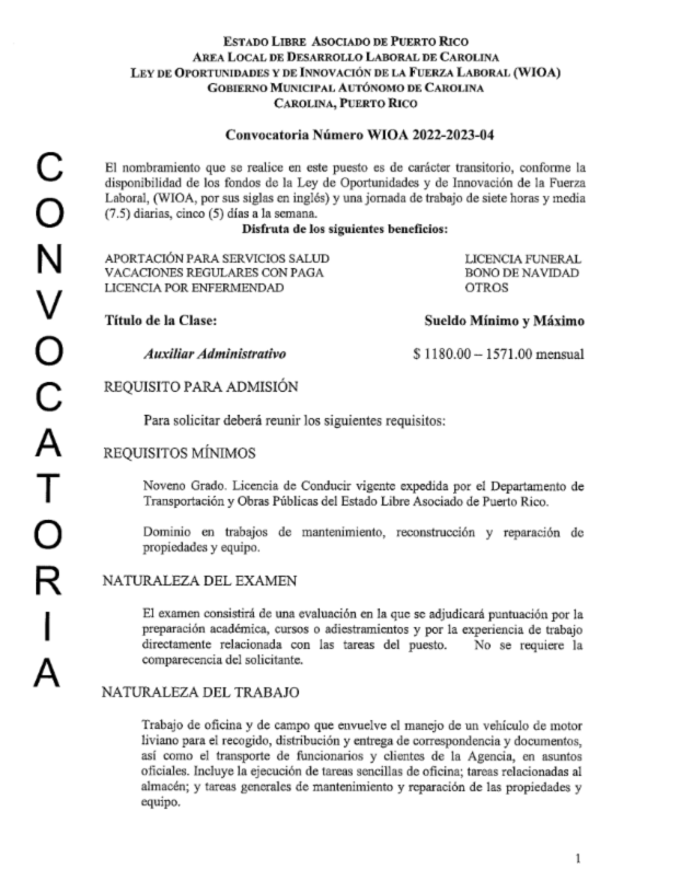 Auxiliar Administrativo Convocatoria Número WIOA 2022-2023-04