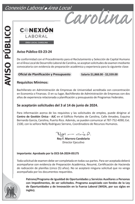 CONVOCATORIA NUM. 03-32-2024 – OFICIAL DE PLANIFICACION Y PRESUPUESTO