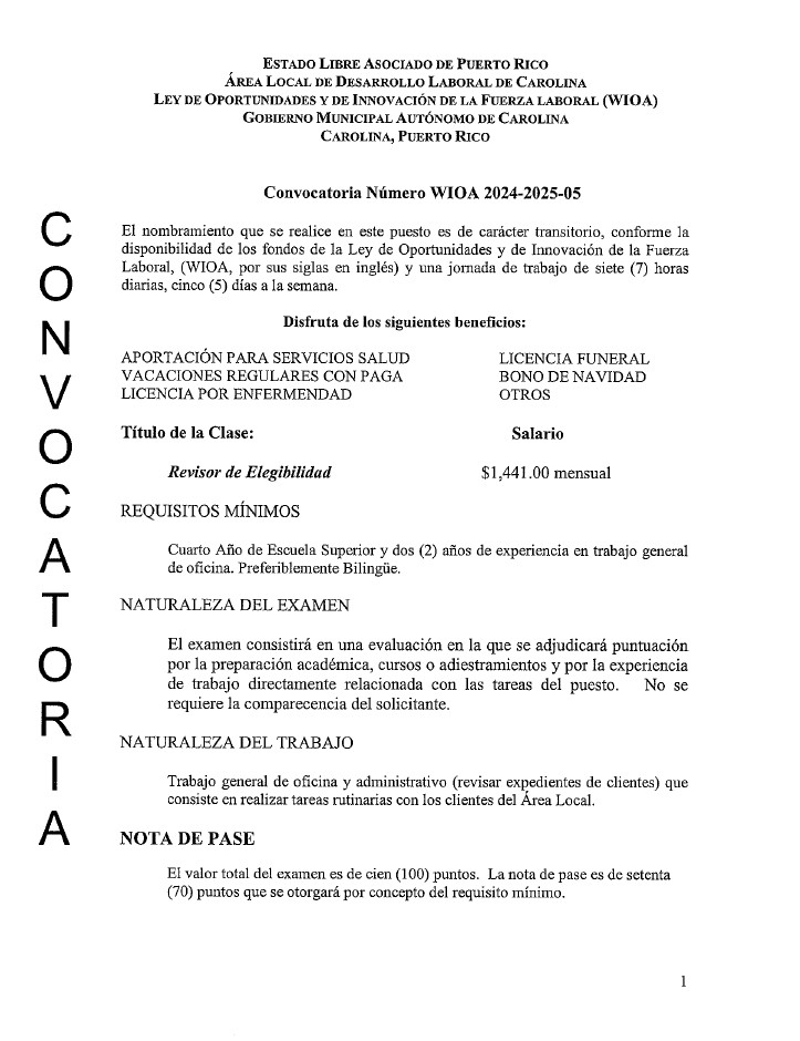 Convocatoria Número WIOA 2024-2025-05         Revisor de Elegibilidad