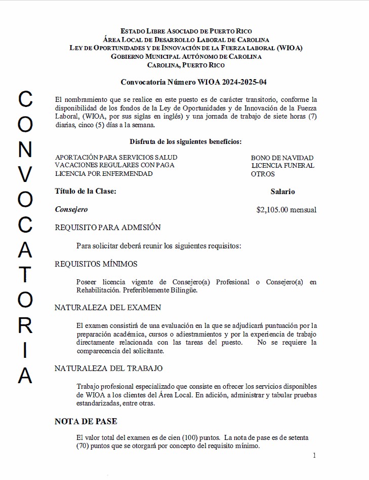 Convocatoria Número WIOA 2024-2025-04-   Consejero