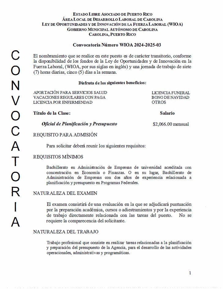 Convocatoria Número WIOA 2024-2025-03 Oficial de Planificación y Presupuesto