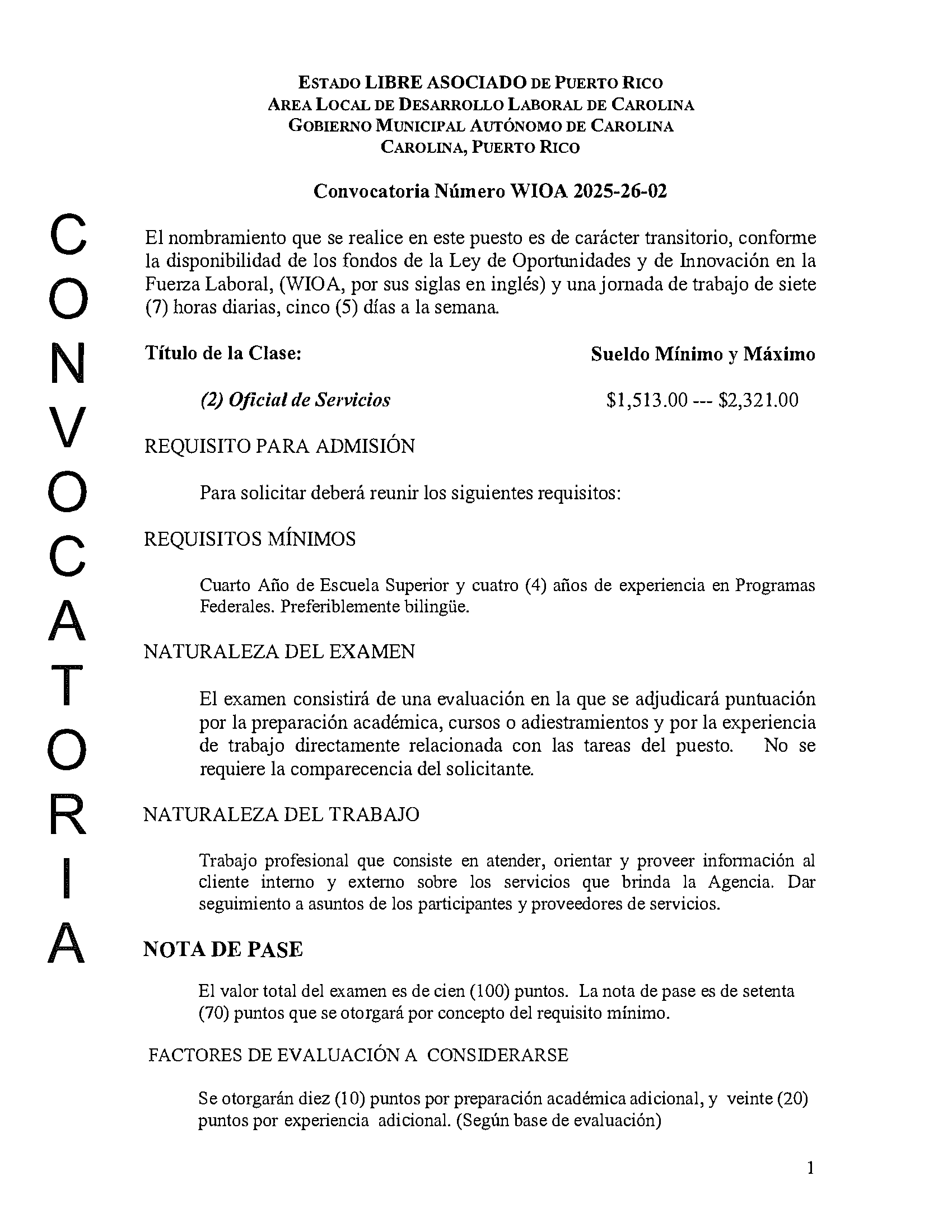 Convocatoria Número WIOA 2025-26 02  / Oficial de Servicios II
