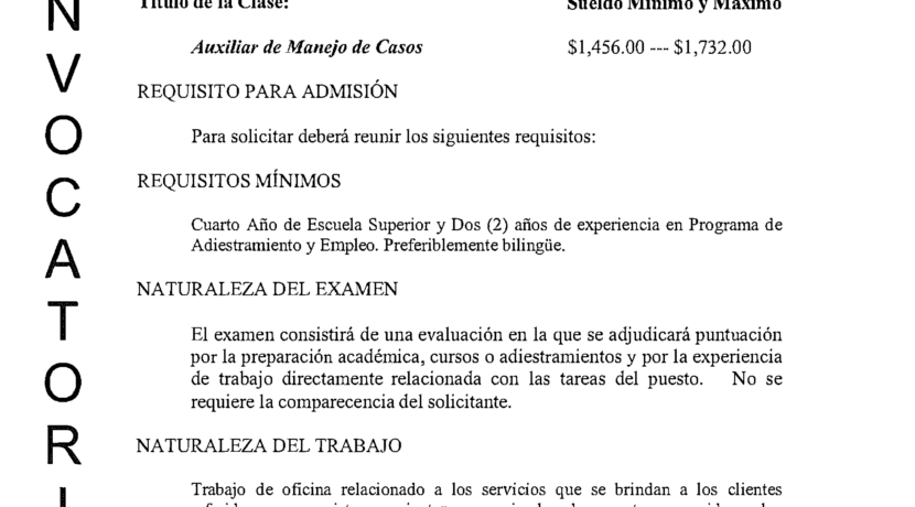 Convocatoria Número WIOA 2025-2026-04 / Auxiliar de Manejo de Casos