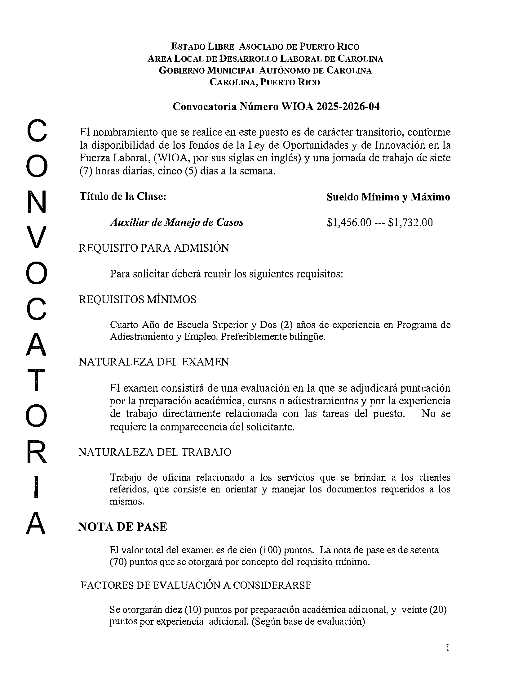 Convocatoria Número WIOA 2025-2026-04 / Auxiliar de Manejo de Casos