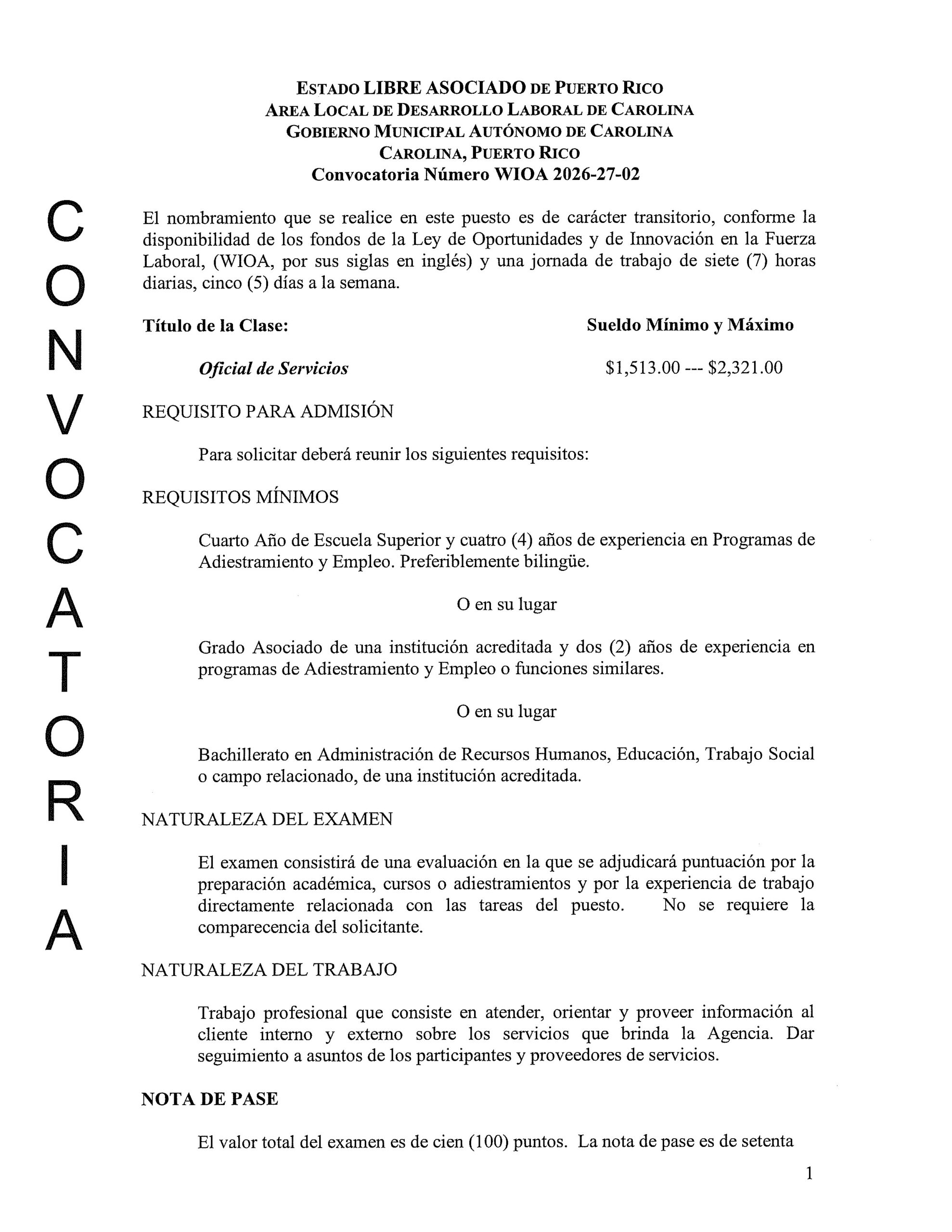 Convocatoria Número WIOA 2026-27-02