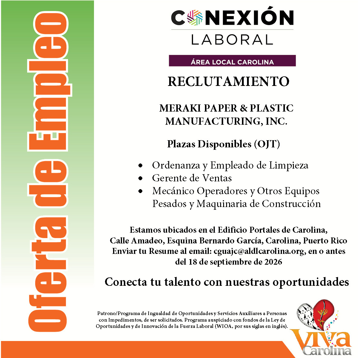 📢¡Oportunidad de Empleo en Carolina, Puerto Rico! 📢MERAKI PAPER & PLASTIC MANUFACTURING, INC.